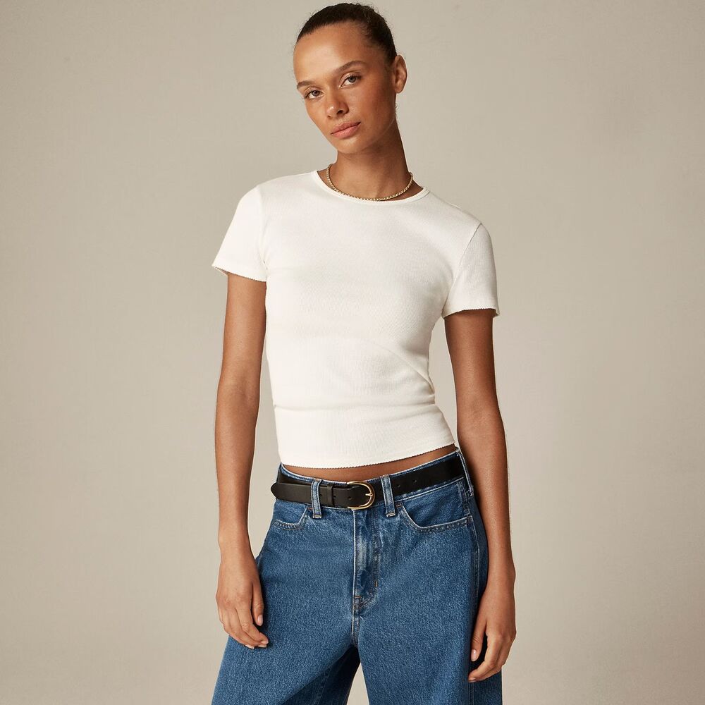 New J Crew Fine rib short-sleeve T-shirt Women Size Large Ivory Stretchy